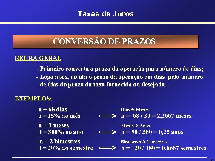 Taxas de Juros CONVERSÃO DE PRAZOS REGRA GERAL - Primeiro converta o prazo da