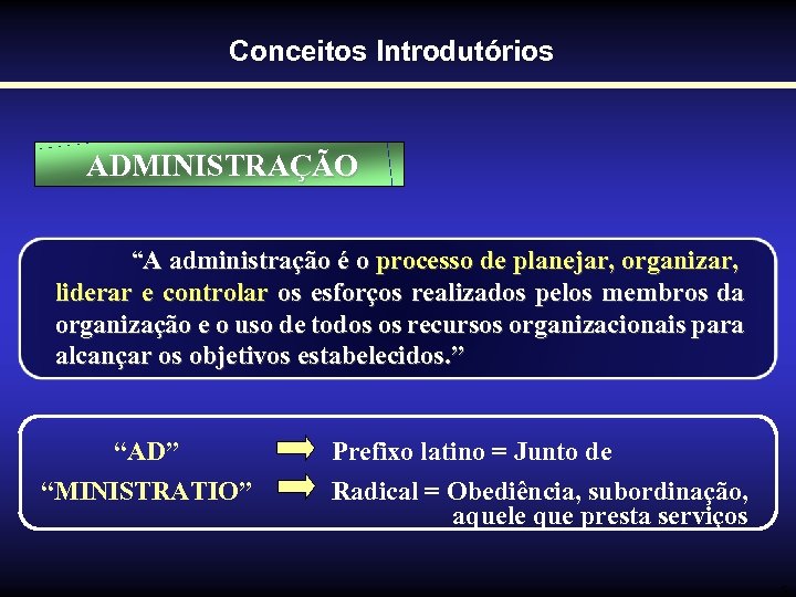 Conceitos Introdutórios ADMINISTRAÇÃO “A administração é o processo de planejar, organizar, liderar e controlar