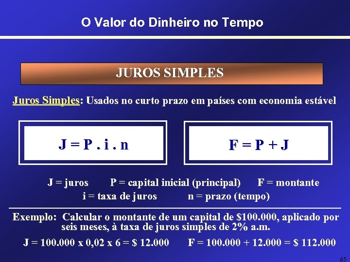 O Valor do Dinheiro no Tempo JUROS SIMPLES Juros Simples: Usados no curto prazo