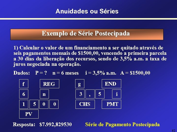 Anuidades ou Séries Exemplo de Série Postecipada 1) Calcular o valor de um financiamento