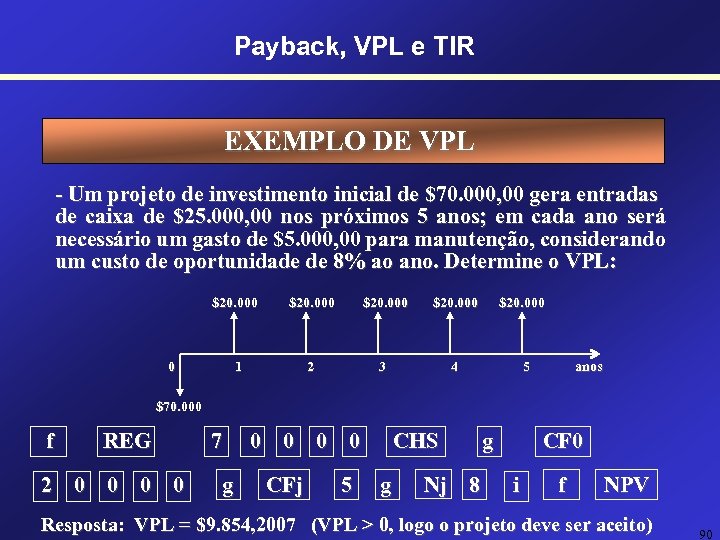 Payback, VPL e TIR EXEMPLO DE VPL - Um projeto de investimento inicial de