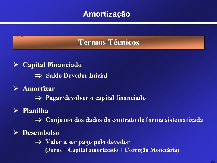 Amortização Termos Técnicos Ø Capital Financiado Saldo Devedor Inicial Ø Amortizar Pagar/devolver o capital