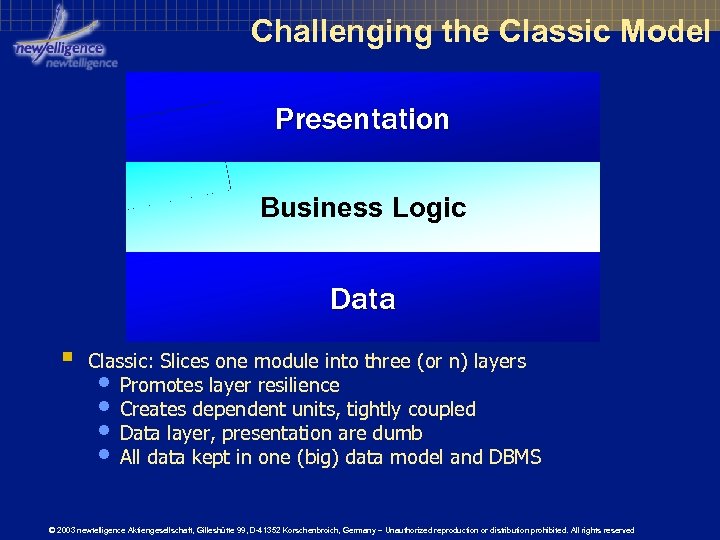 Challenging the Classic Model Presentation Business Logic Data § Classic: Slices one module into