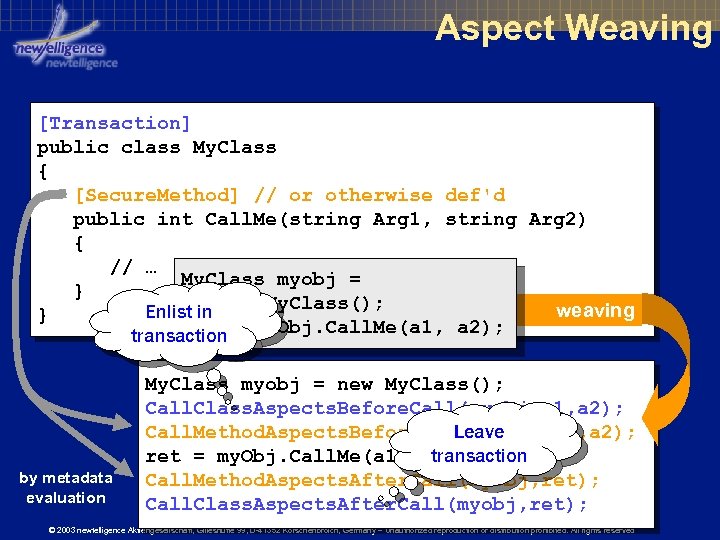 Aspect Weaving [Transaction] public class My. Class { [Secure. Method] // or otherwise def'd