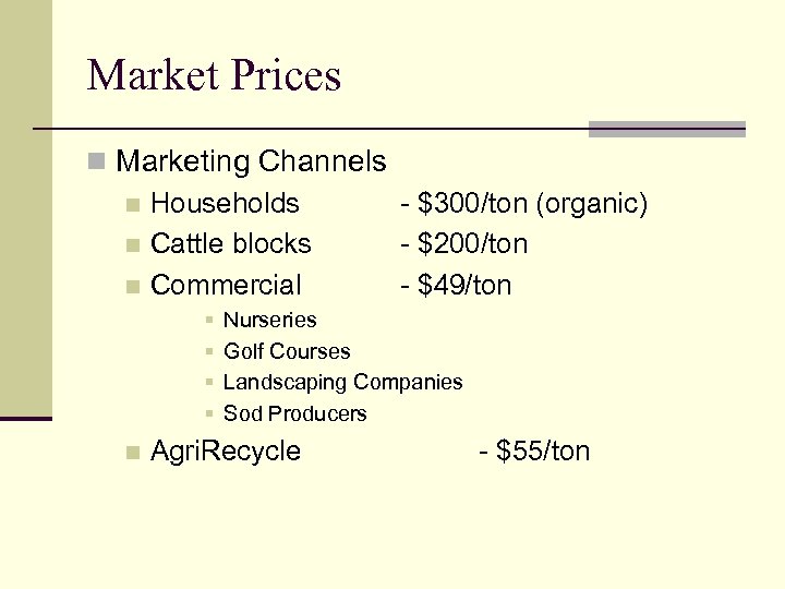 Market Prices n Marketing Channels n Households - $300/ton (organic) n Cattle blocks -