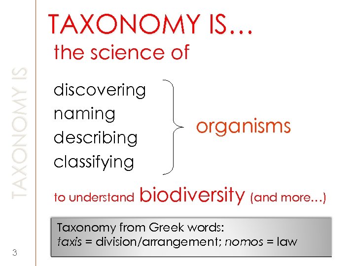 TAXONOMY IS… TAXONOMY IS the science of 3 discovering naming describing classifying to understand
