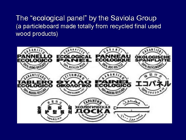 The “ecological panel” by the Saviola Group (a particleboard made totally from recycled final