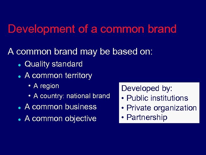 Development of a common brand A common brand may be based on: l l