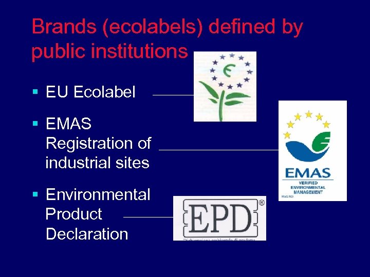 Brands (ecolabels) defined by public institutions § EU Ecolabel § EMAS Registration of industrial