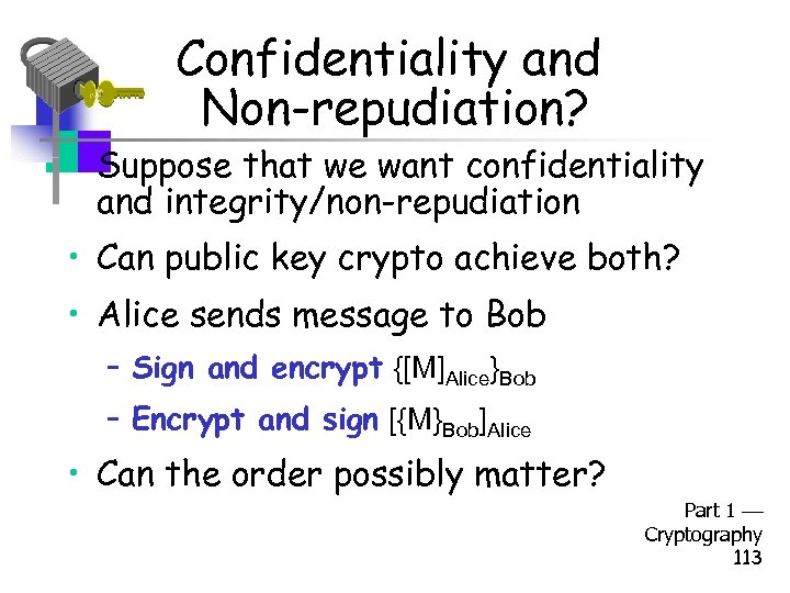 Confidentiality and Non-repudiation? • Suppose that we want confidentiality and integrity/non-repudiation • Can public