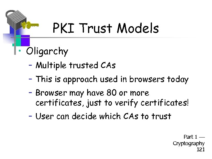 PKI Trust Models • Oligarchy – Multiple trusted CAs – This is approach used