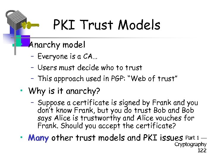 PKI Trust Models • Anarchy model – Everyone is a CA… – Users must