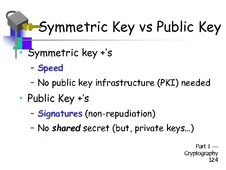 Symmetric Key vs Public Key • Symmetric key +’s – Speed – No public