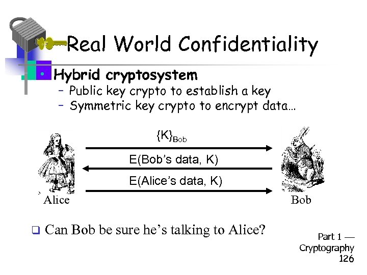 Real World Confidentiality • Hybrid cryptosystem – Public key crypto to establish a key