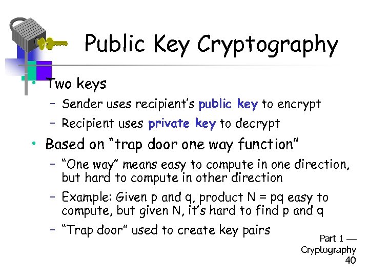 Public Key Cryptography • Two keys – Sender uses recipient’s public key to encrypt