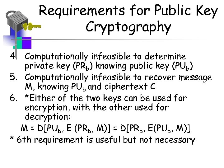 Requirements for Public Key Cryptography 4. Computationally infeasible to determine private key (PRb) knowing