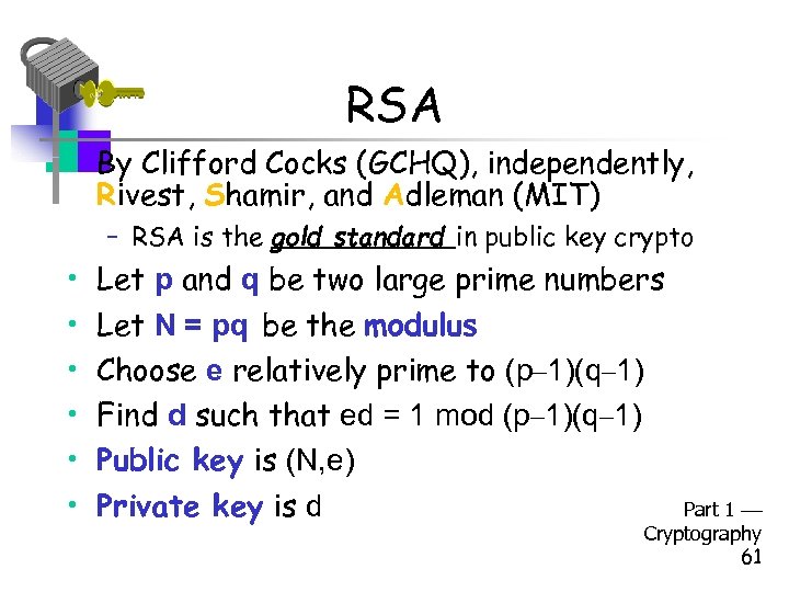 RSA • By Clifford Cocks (GCHQ), independently, Rivest, Shamir, and Adleman (MIT) – RSA