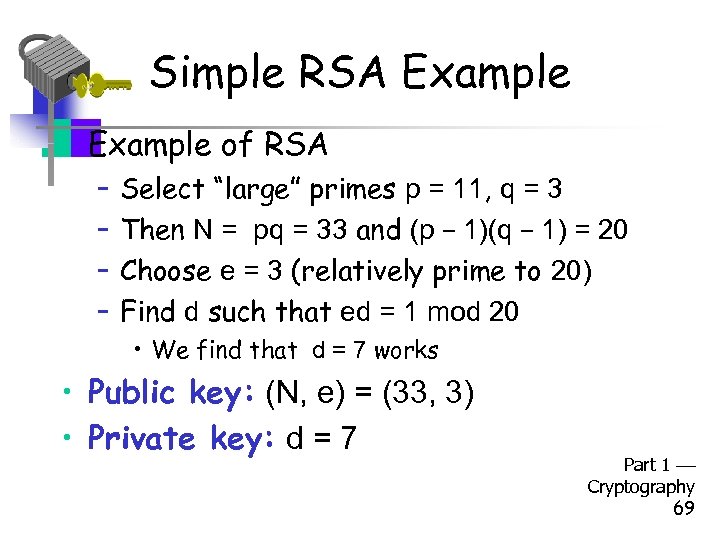 Simple RSA Example • Example of RSA – – Select “large” primes p =