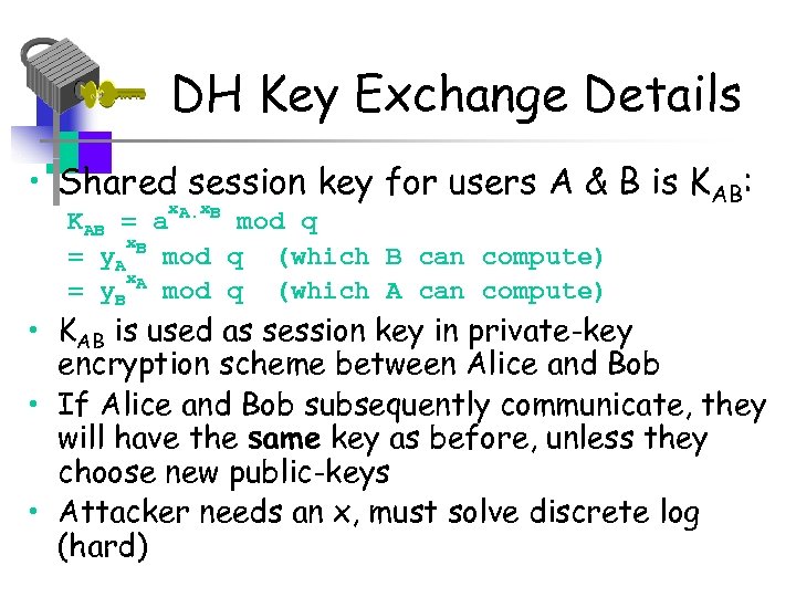 DH Key Exchange Details • Shared session key for users A & B is