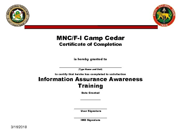 MNC/F-I Camp Cedar Certificate of Completion is hereby granted to _____________________ (Type Name and