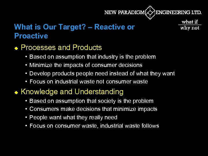 What is Our Target? – Reactive or Proactive u Processes and Products • •