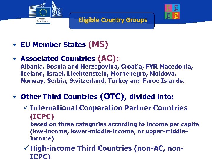Eligible Country Groups • EU Member States (MS) • Associated Countries (AC): Albania, Bosnia