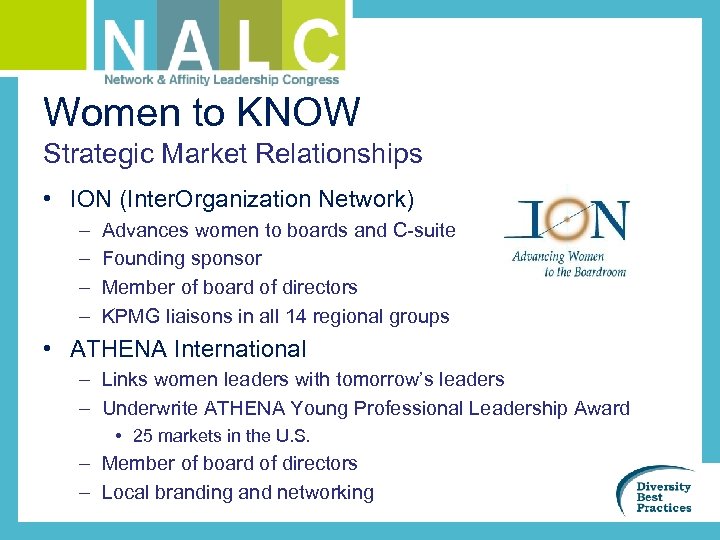 Women to KNOW Strategic Market Relationships • ION (Inter. Organization Network) – – Advances