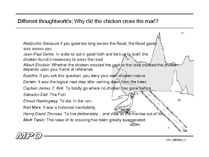 Different thoughtworlds: Why did the chicken cross the road? Nietzsche: Because if you gaze