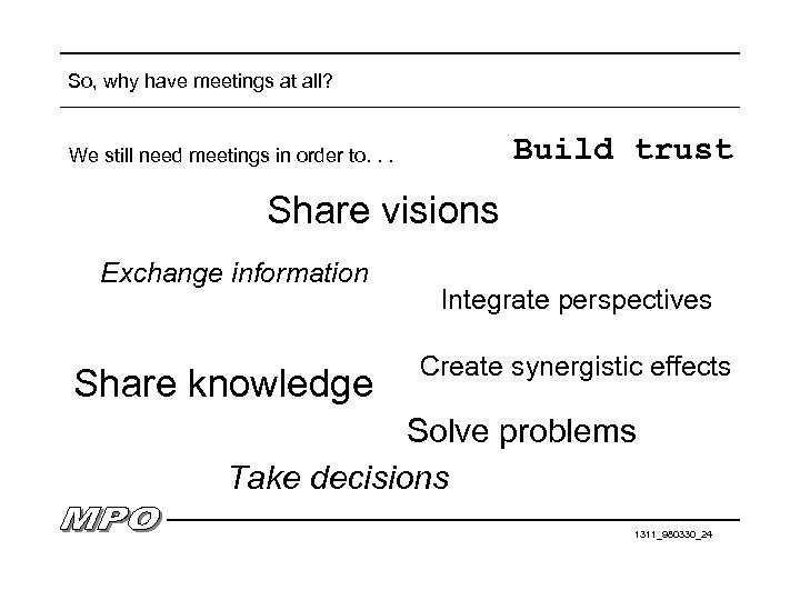 So, why have meetings at all? Build trust We still need meetings in order