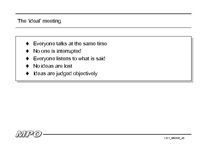 The ‘ideal’ meeting t Everyone talks at the same time t No one is