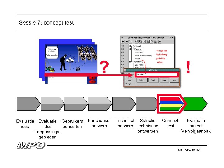 Sessie 7: concept test ? Evaluatie idee Evaluatie Gebruikers idee behoeften Toepassingsgebieden Functioneel ontwerp