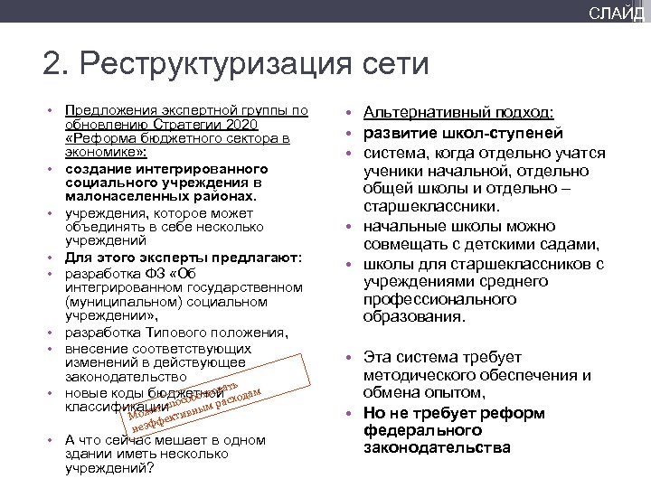 СЛАЙД 2. Реструктуризация сети • Предложения экспертной группы по обновлению Стратегии 2020 «Реформа бюджетного