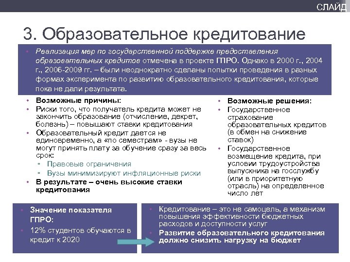 СЛАЙД 3. Образовательное кредитование • Реализация мер по государственной поддержке предоставления образовательных кредитов отмечена