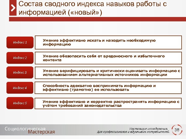Состав сводного индекса навыков работы с информацией ( «новый» ) Индекс 1 Умение эффективно