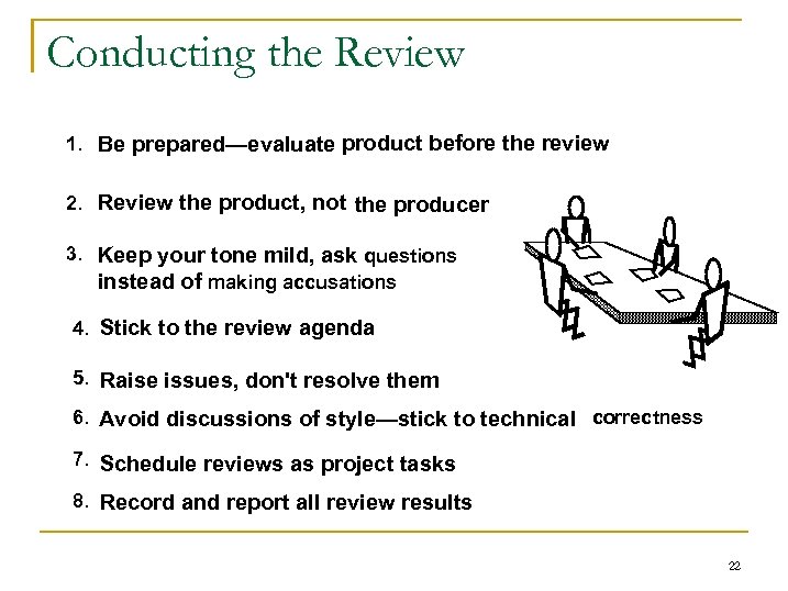 Conducting the Review 1. Be prepared—evaluate product before the review 2. Review the product,