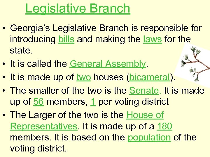 Legislative Branch • Georgia’s Legislative Branch is responsible for introducing bills and making the