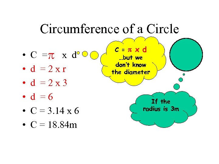 Circumference of a Circle • • • C = x d d = 2