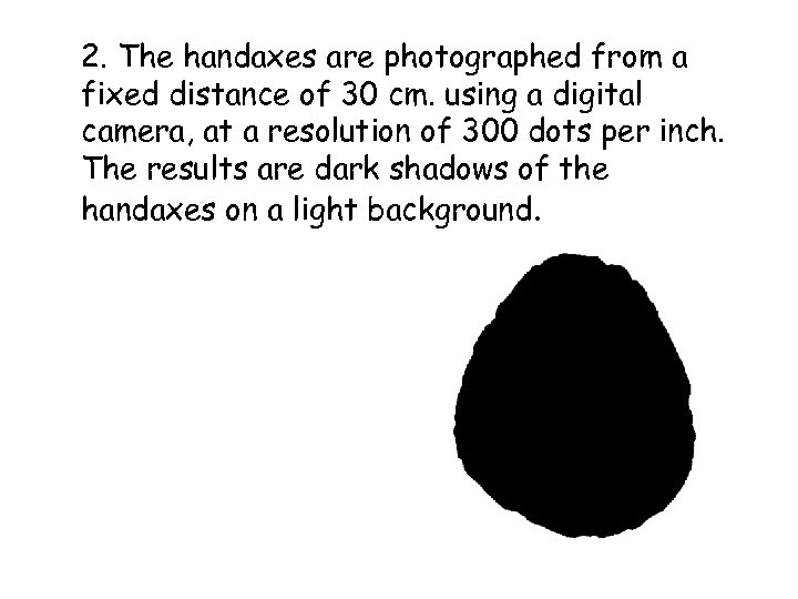 2. The handaxes are photographed from a fixed distance of 30 cm. using a