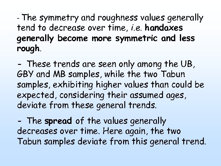 - The symmetry and roughness values generally tend to decrease over time, i. e.