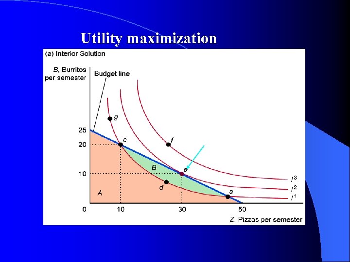 Utility maximization optimum bundle, e, where highest indifference curve touches the budget line 