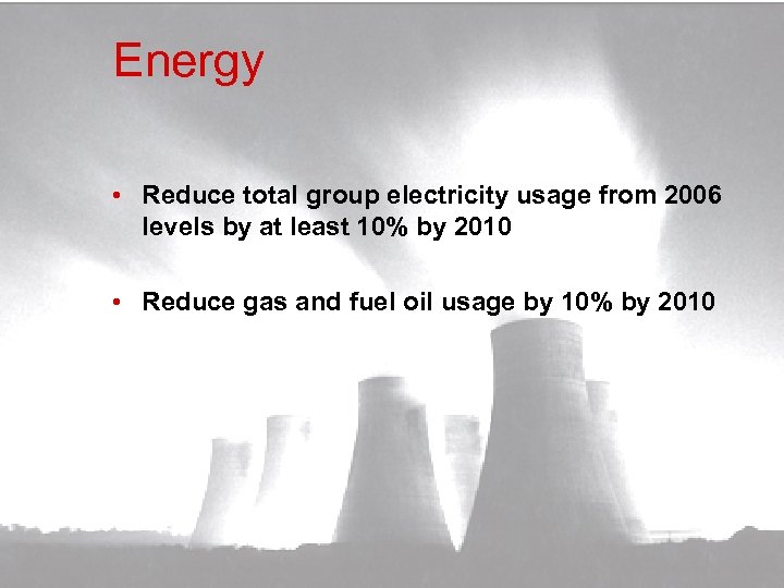 Energy • Reduce total group electricity usage from 2006 levels by at least 10%