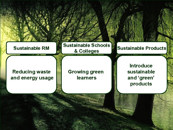 Sustainable RM Reducing waste and energy usage Sustainable Schools & Colleges Sustainable Products Growing
