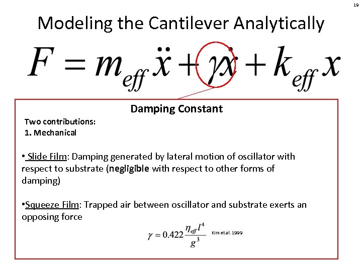 19 Modeling the Cantilever Analytically Damping Constant Two contributions: 1. Mechanical • Slide Film: