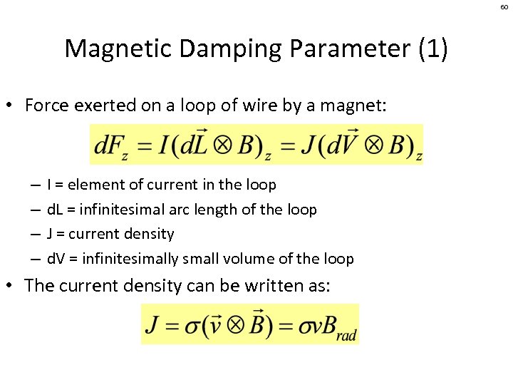 60 Magnetic Damping Parameter (1) • Force exerted on a loop of wire by
