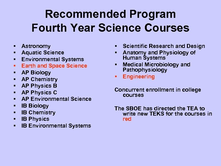 Recommended Program Fourth Year Science Courses § § § § Astronomy Aquatic Science Environmental