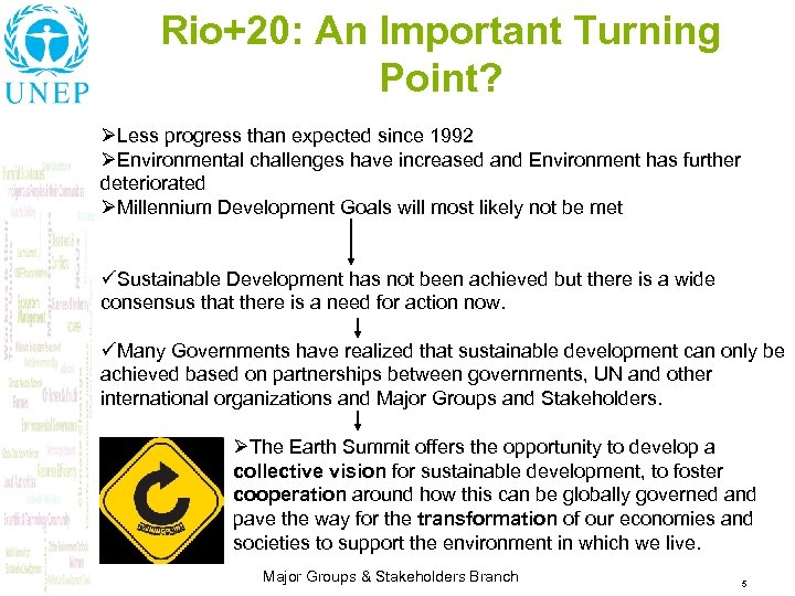 Rio+20: An Important Turning Point? ØLess progress than expected since 1992 ØEnvironmental challenges have