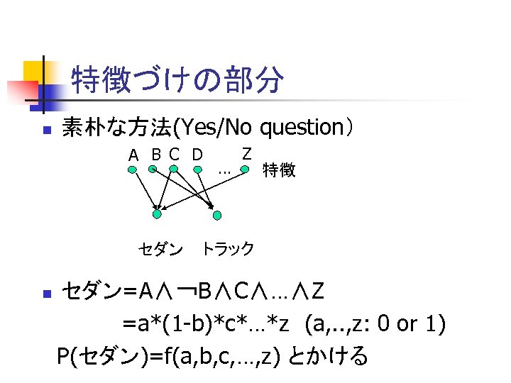 特徴づけの部分 n 素朴な方法(Yes/No question） A B C D セダン … Z 特徴 トラック セダン=A∧￢B∧C∧…∧Z