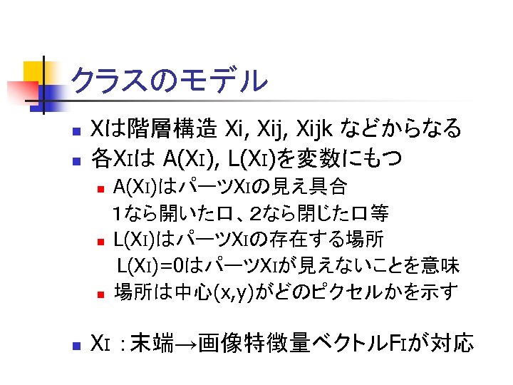 クラスのモデル n n Xは階層構造 Xi, Xijk などからなる 各XIは A(XI), L(XI)を変数にもつ A(XI)はパーツXIの見え具合 　１なら開いた口、２なら閉じた口等 n L(XI)はパーツXIの存在する場所