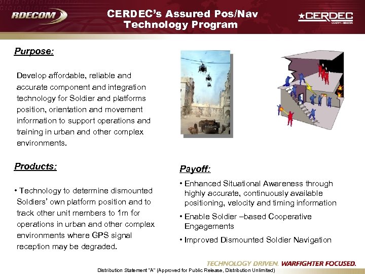 CERDEC’s Assured Pos/Nav Technology Program Purpose: Develop affordable, reliable and accurate component and integration