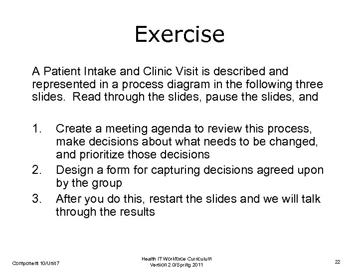 Exercise A Patient Intake and Clinic Visit is described and represented in a process